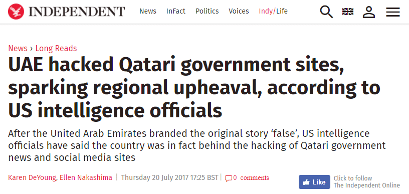 UAE hacked Qatari government sites sparking regional upheaval according to US intelligence officials The Independent UAE hack independant headline